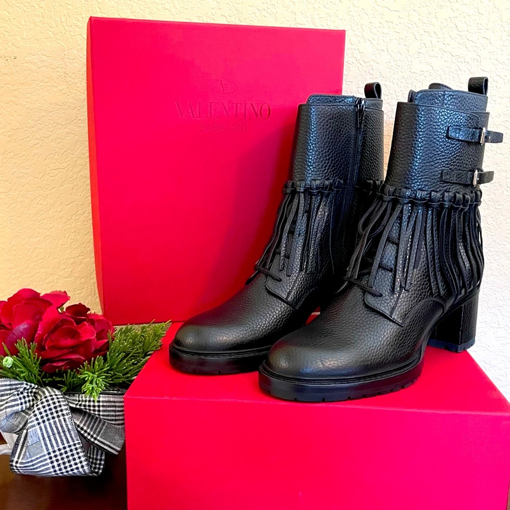 NWOT Valentino Fringe Combat Boot Black